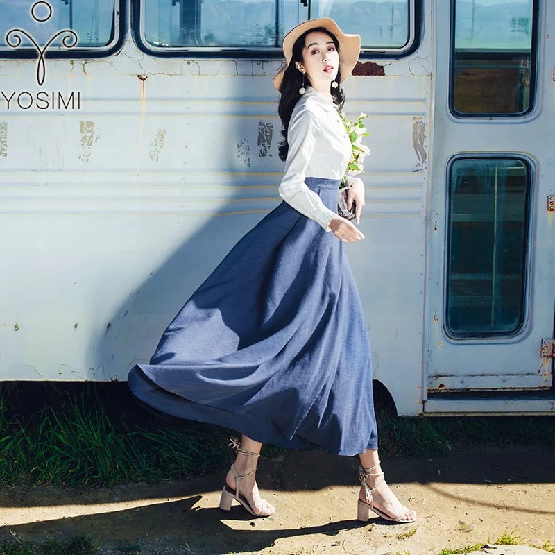 YOSIMI осенне-зимнее винтажное хлопковое длинное женское платье с длинным рукавом, женское платье, костюм из двух частей, голубое приталенное платье