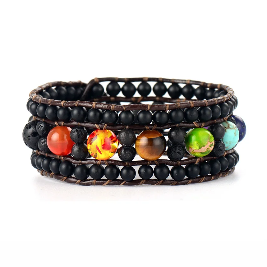 

Cuff Bracelet Onyx Lava Stone 7 Chakra Leather Wrap Bracelets Handmade Bohemia Bracelet Dropshipping