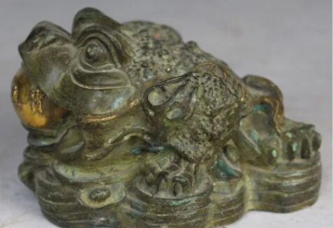 

JP S0053 6"Chinese Fengshui Bronze Gilt Coin Wealth Money Golden Toad Spittor Rich Statue B0403