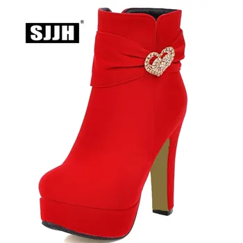 

SJJH Woman Ankle Boots Round Toe 12cm Chunky Heels Platform Zip Plush Short Martin Boot Fashion Elegant Shoes Large Size Q084