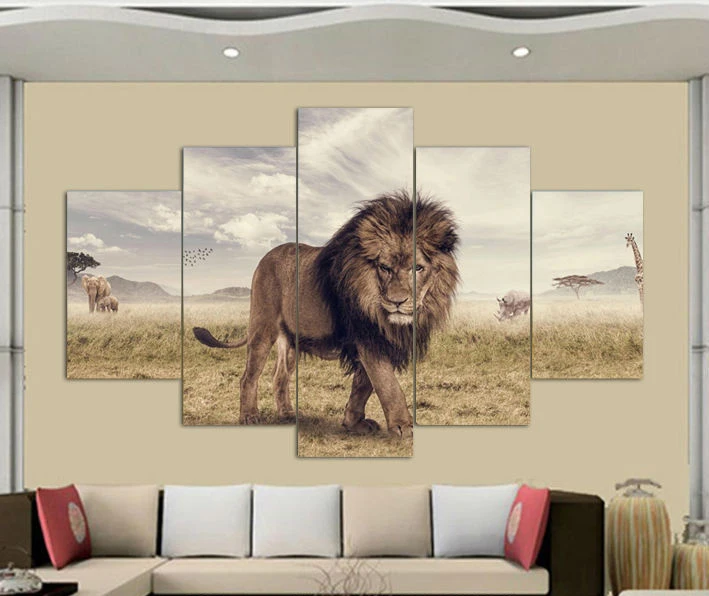

5 Panels Canvas Prints Framed art Printed Animals Lion Group canvas painting poster home decor wall art for living room