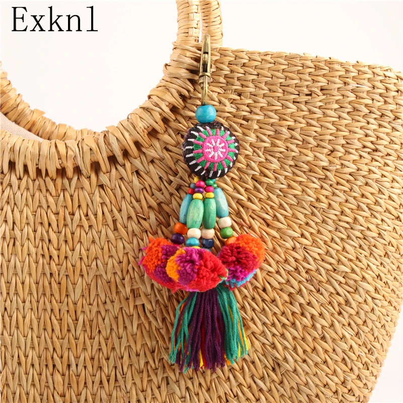 

Exknl Bag Fashion Jewelry Tassel Car Keychain Boho Style Flower Charms Wooden Beads With Pom Pom Keychain Colorful Key Ring