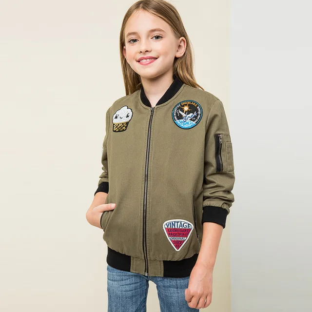 Teenager army green floral embroidery bomber jacket patched design