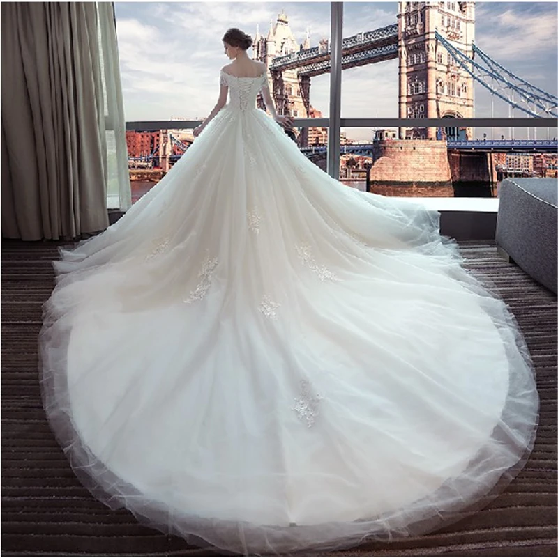 Роскошные Кружева Вышивка Свадебные платья 100 см длинное платье со шлейфом, милое Элегантное свадебное платье Большие размеры платье невесты Robe De Mariage вырез лодочкой
