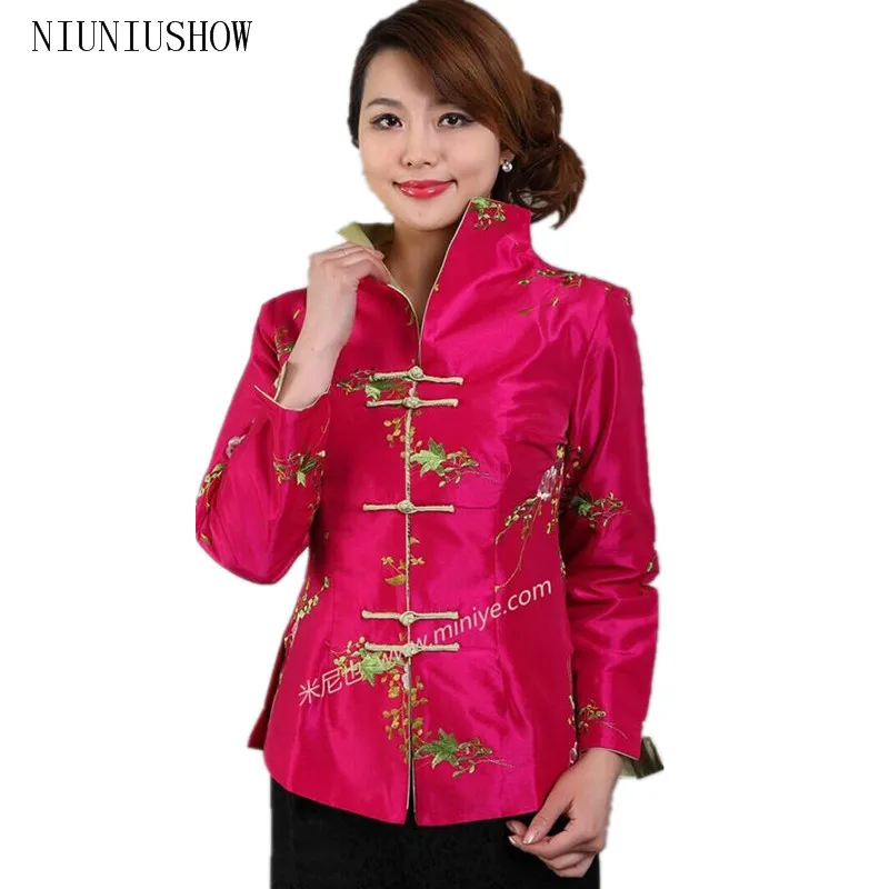 Ярко-розовая традиционная китайская женская шелковая атласная куртка с вышивкой, пальто с цветами, Размеры S M L XL XXL XXXL