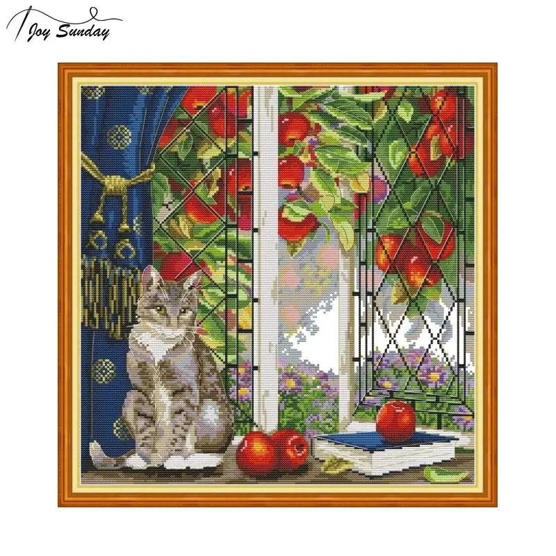 

Joy Sunday Cat Printed Cross Stitch Kit Embroidery Stitch 14 11ct DMC DIY Printed Canvas Aida Fabric Cross Stitch Needlework Set