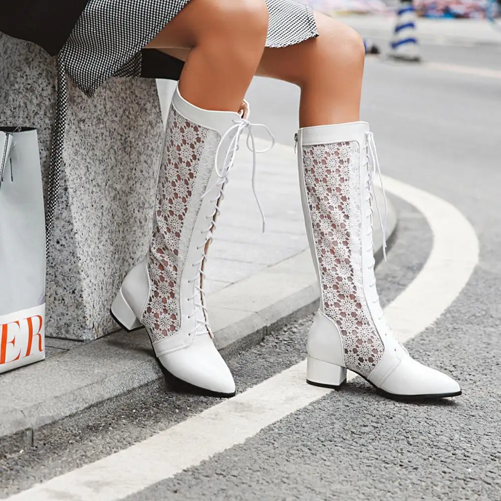 

Size 34-46 New Fashion Women Knee High Boots Square heel Zipper Sexy Lace Mesh Boots Summer Cool Boots Breathable Women's Shoes