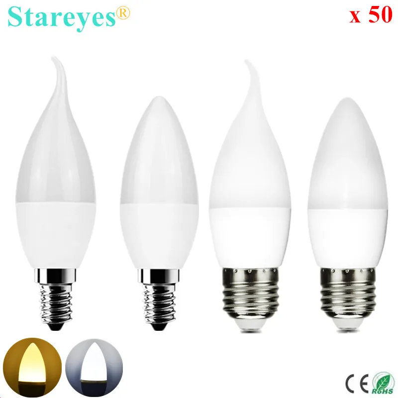 50 шт. E14 E27 SMD 2835 10 светодиодов 3 Вт 220 В светодиодная лампа в форме свечи 220В