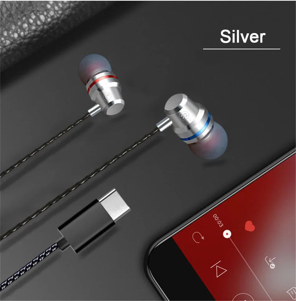 USB Type C Earphone Dynamic Drive Headphone For Xiaomi 6 6X 8 Mix2 Note5 Bass Metal Sport Gaming Earphones With Mic For Samsung14