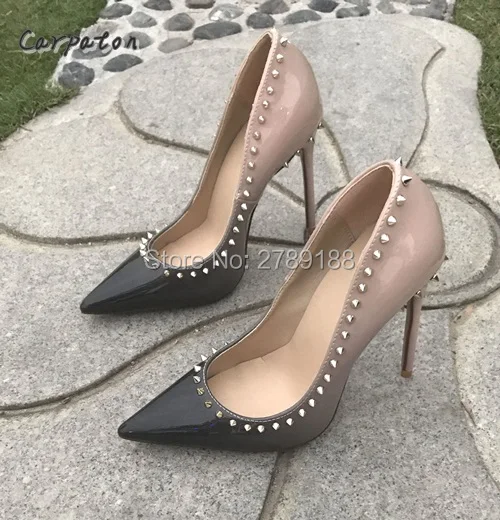 Free Shipping Patent Leather Glitter Spikes Women Shoes Super thin Heel Pointed Sexy Studded Pumps for party wedding in black | Обувь