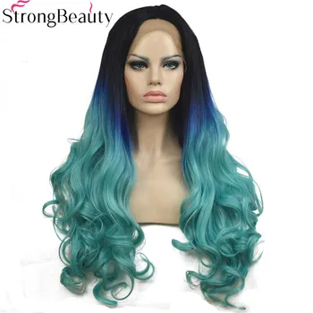 

StrongBeauty Long Wavy Wigs Synthetic 3 Tones Ombre Blue to Green Lace Front Wig