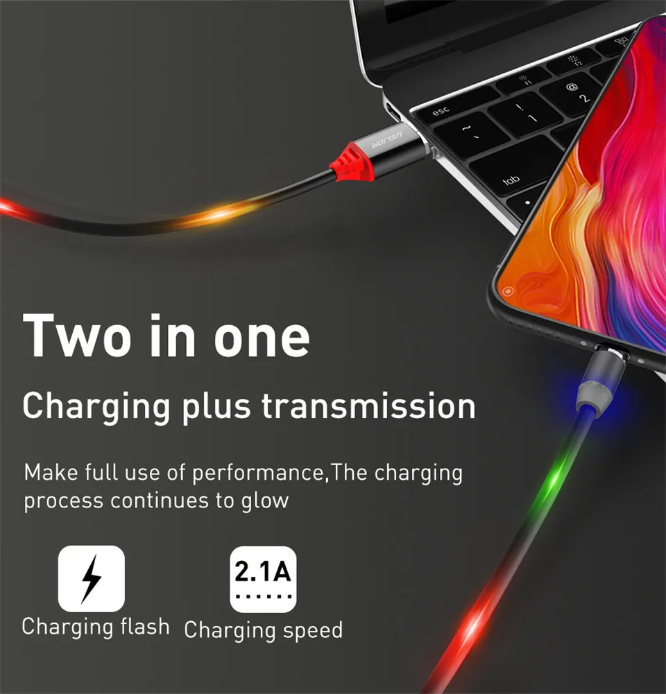 USLION 1 м светодиодный магнитный кабель mi cro usb type c кабель для зарядки 2.1A type-c кабель для Xiaomi mi 9 samsung S9 магнитное зарядное устройство