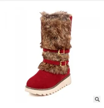 Дамы большой size10 11 12 пряжки ремня искусственная кожа зима короткая средний-икры низкого топ мед-пятки туфли на высоком каблуке плюшевые загрузки снегоступы женская обувь девушки - Цвет: red
