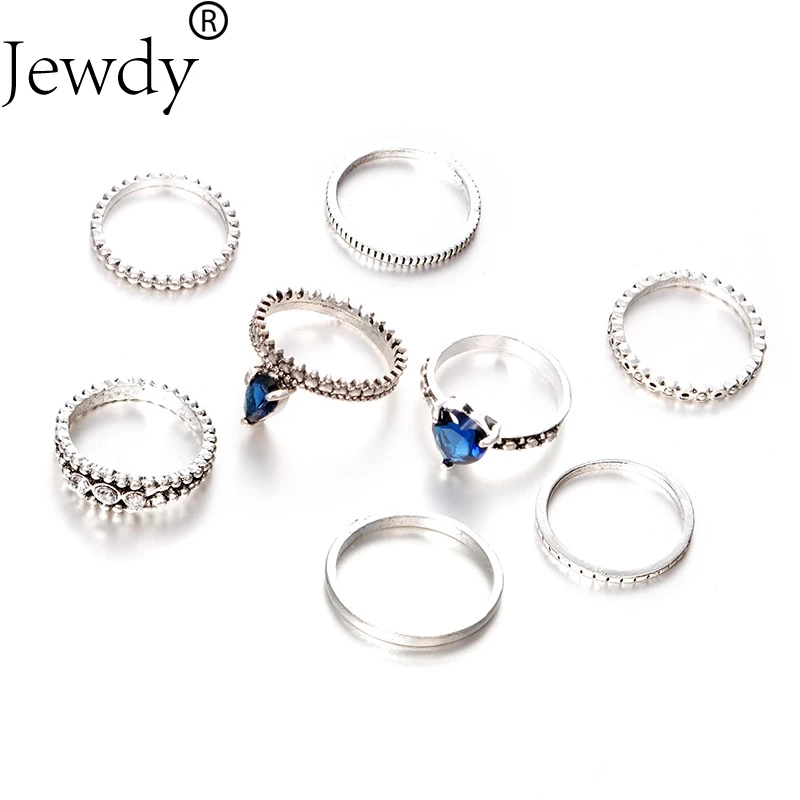 Набор колец с кристаллами Jewdy blue heart для женщин серебряная в стиле бохо набор миди