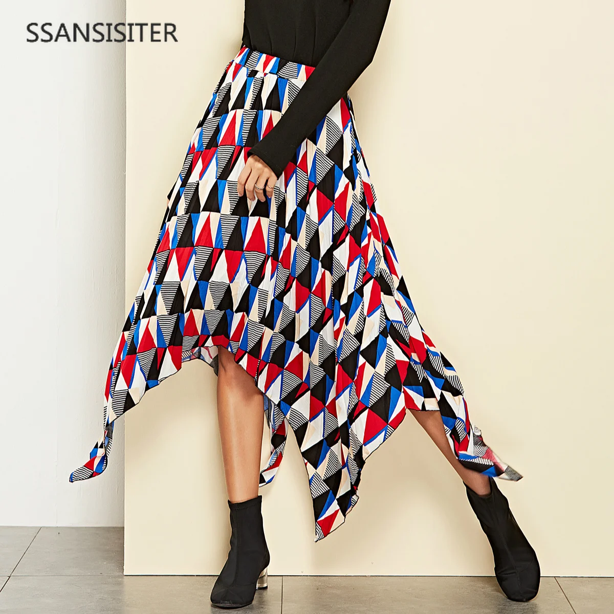 Women Skirts Casual Print Skirt Geometric Print High Waist Ladies Shift Skirt Casual Womens Clothing Summer 2018 New Midi Skirt