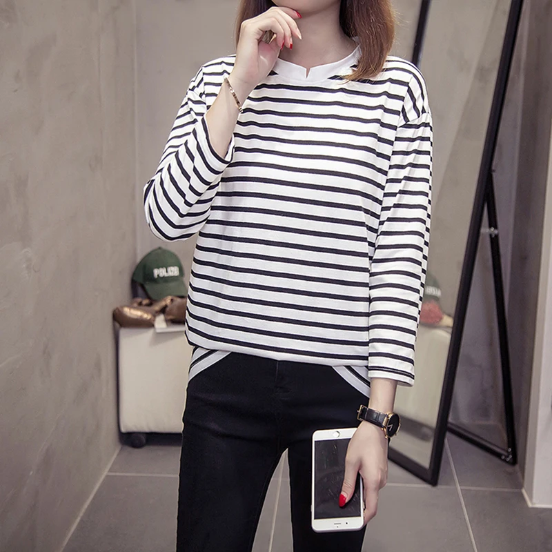 

Autumn Long Sleeve T Shirt Korean Style M-XXL Red Chic Stripe Tshirt Women Simple Casual All-match Black Cotton T Shirt Vintage