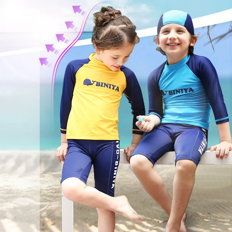 Medium small size 3 piece set children swim suit kids long sleeve