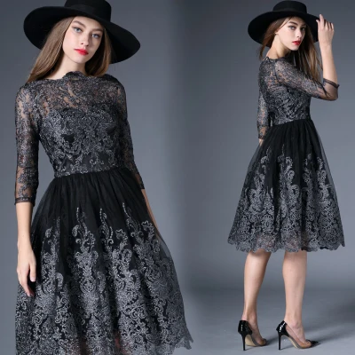

Runway Dress Autumn Summer 2018 New Tops Quality Embroidery Dresses Women Black Voile Mid-calf Dress Robe Vestido
