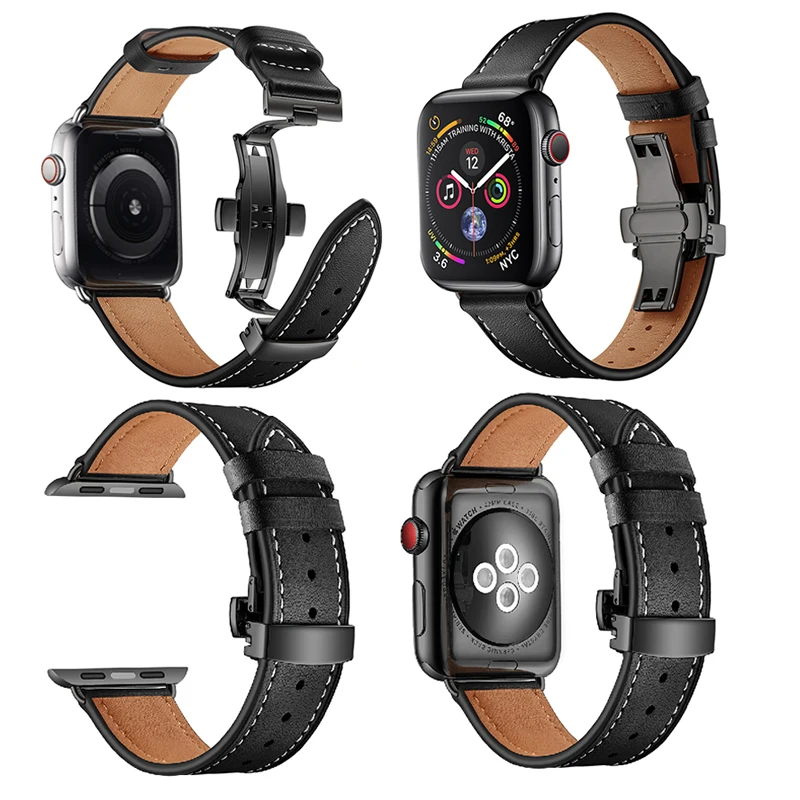 For Apple iWatch Newest Genuine Leather Butterfly Buckle Watch Band Strap For Apple Watch Series 1 2 3 4 38mm 42mm 40mm 44mm