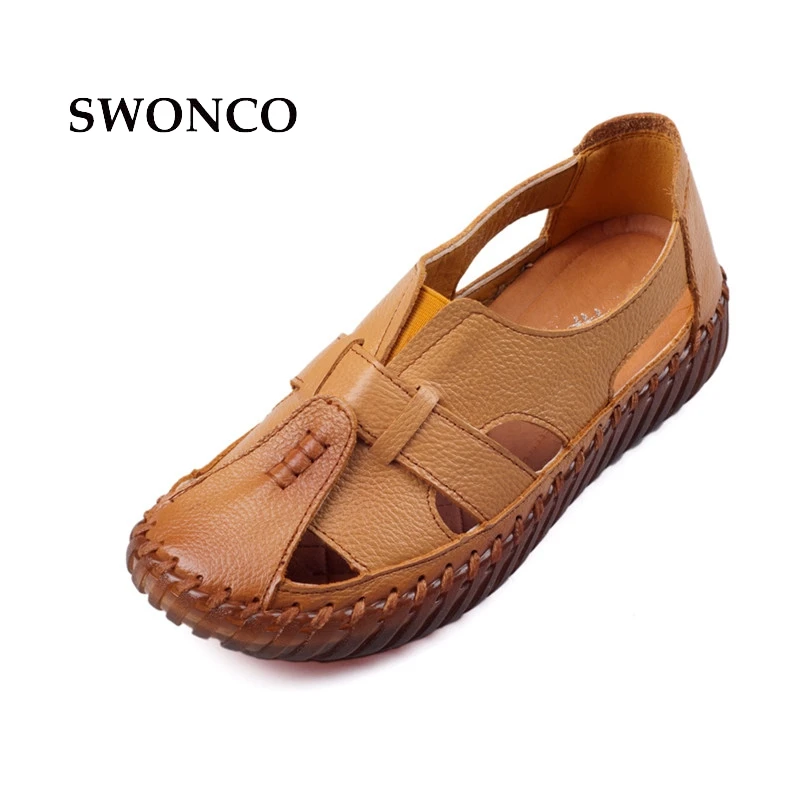 preço SWONCO Sandálias Verão 2018 sapatos de Couro Genuíno das Mulheres Handmade Das Senhoras Sandálias Das Mulheres Flats Sapato de Couro Estilo Retro Sapatos Mãe