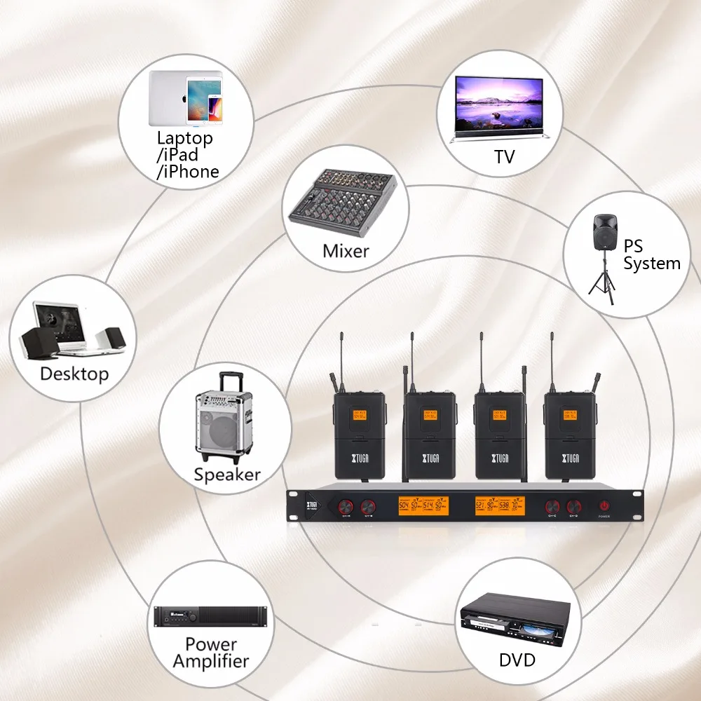 XTUGA, A-400, металлический материал, 4-канальный UHF беспроводной микрофон, система с 4 поясными частями для сцены, церкви, семьи, вечерние, маленькие, караоке