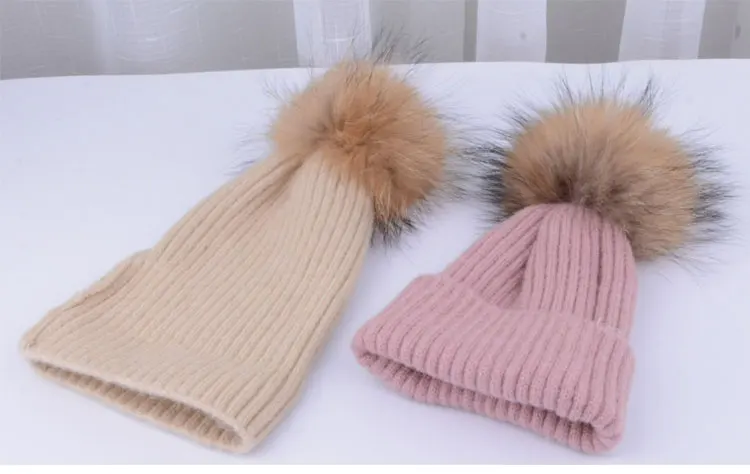 winter hats for girls kids boys knitted hat girl pom pom hat kids girls children natural raccoon Winter hats for children (7)