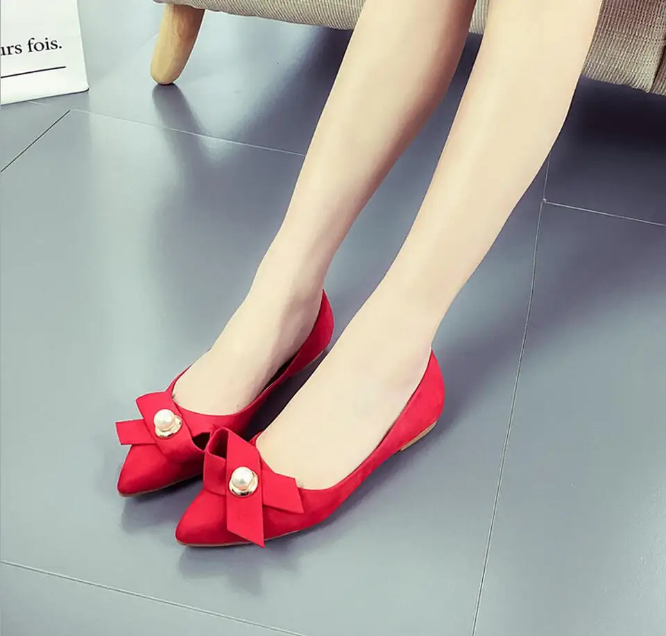 

Pointed flat shoes 2017 spring shallow mouth shoes platform pearl bow side with silp-on shoes zapatillas 35-40