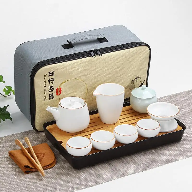 

Chinese Travel Kung Fu Tea Set Ceramic Home Family Teapot Tea Caddies Gaiwan Tea Cups Of Tea Ceremony With Travel Bag for Gift