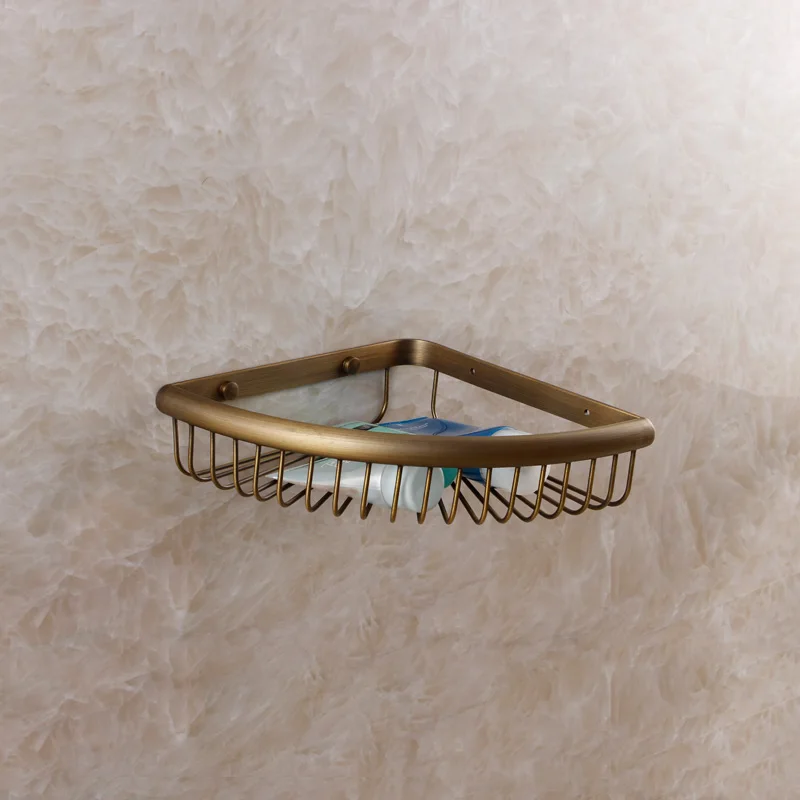 ФОТО 2015 New Real Banheiro Shelf For Bathroom Fashion Bathroom Brass Copper Trigonometric Antique Basket Wall Mounted Cosmetics Rack