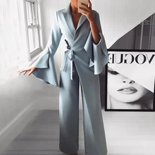2018 Autumn Women Fashion Elegant Long Sleeve Workwear Formal Party Romper Irregular Flared Sleeve Knot Side Wide Leg Jumpsuit 2018 Autumn Women Fashion Elegant Long Sleeve Workwear Formal Party Romper Irregular Flared Sleeve Knot Side Wide Leg Jumpsuit