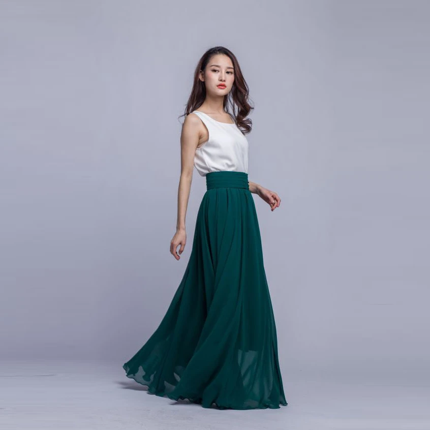 ダークグリーンロングマキシスカートワイド弾性ウエストのaライン床の長さシフォンスカートパーソナライズされたカジュアルスタイルのスカートの女性 Long Maxi Skirt Chiffon Skirtmaxi Skirt Aliexpress