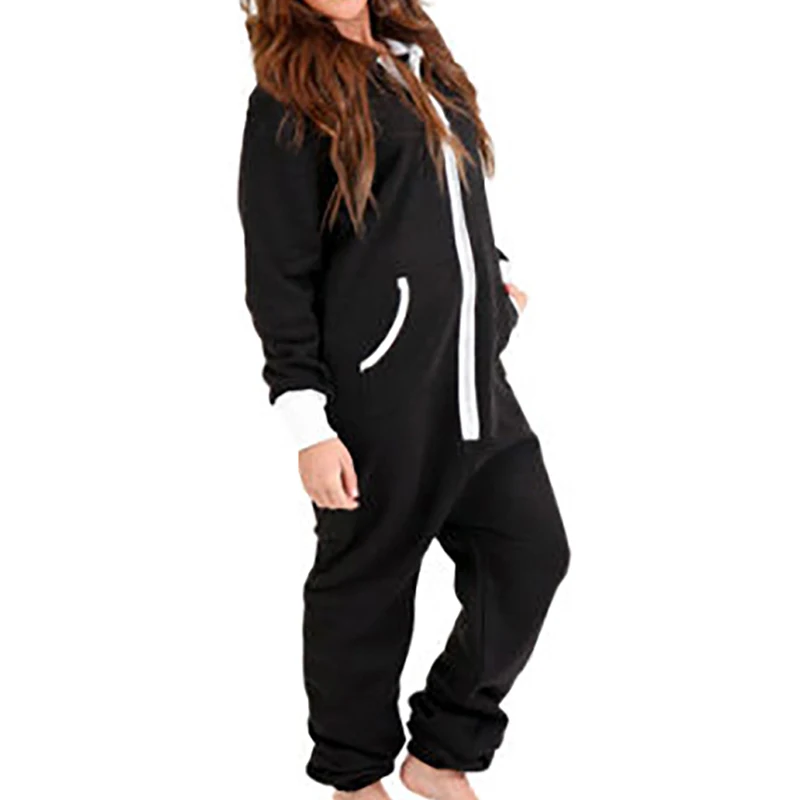 

Autumn Winter Warm Adult Onesie For Women Couple Pajamas Set Black Blue Pyjamas One Piece Zip Up Hooded Long Sleeve Sleepwear