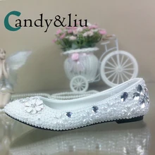 Chaussures de mariage en cristal blanc perle argent, bateau Confortable à enfiler, plates peu profondes pour femmes enceintes demoiselle d'honneur fête Banquet fait à la main