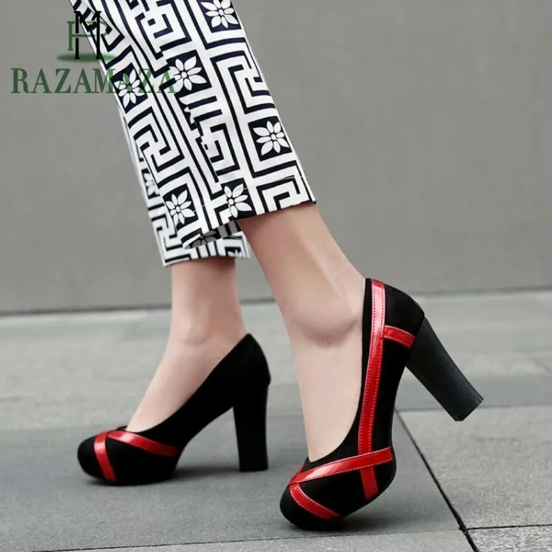 

ZALAVOR New Sexy Mixed Color Women Pumps Round Toe Thick High Heels Shoes Fashion Wedding Club Women Footwear Size 33-46