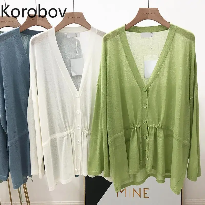 

Korobov 2019 New Women Knitted Summer Sunscreen Cardigans Waist Drawstring Slim Single Breasted Sweaters Jumper 78420