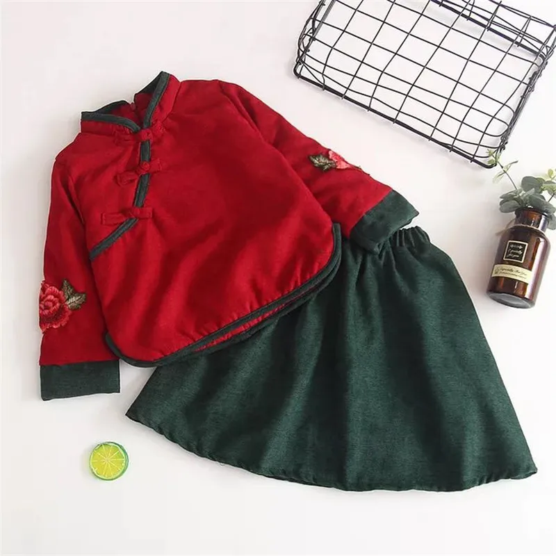 

New Year Winter Ski Suits For Girls Floral Print Long Sleeve Warm Tops+Skirt Designer Clothing Set Children National Outfits