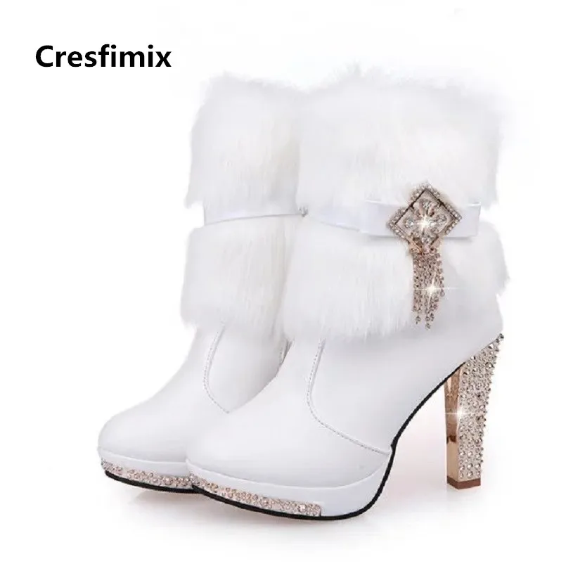 

Cresfimix women cute high quality autumn & winter comfortable boots lady cute white pu leather fur high heel shoes boots c2848