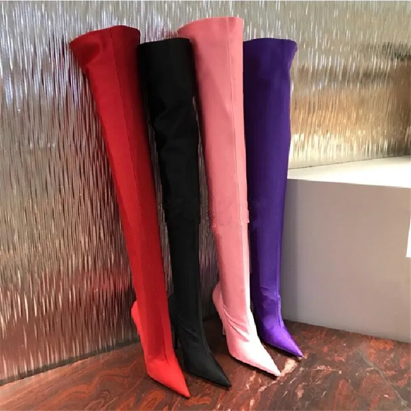 Новые эластичные высокие сапоги до бедра женская обувь на тонком высоком каблуке с острым носком пикантные Женские Сапоги выше колена розового, фиолетового, черного цвета