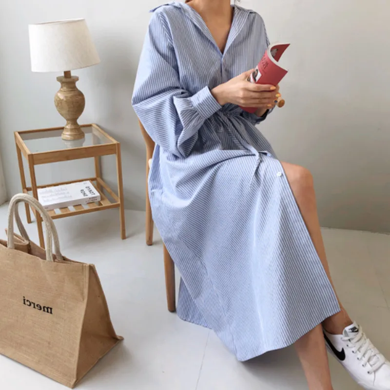 

LANMREM 2019 Summer New Fashion Temperament Women Loose Plus Casual Stripes Over The Knee Tie Bow Dress TC204