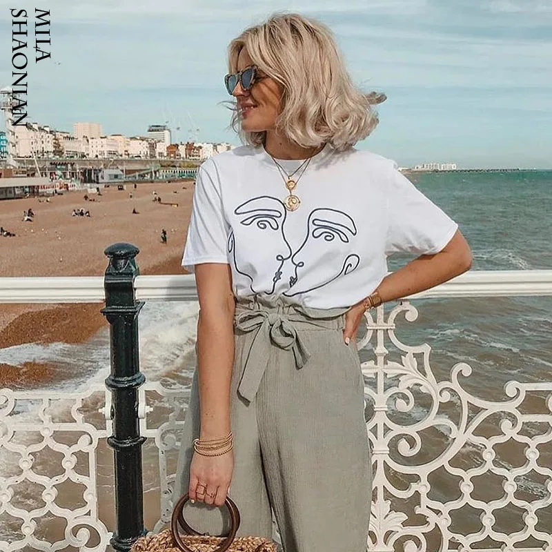 

Summer New White Funny Pattern T-shirt Women Casual Solid O-Neck Cotton Short Sleeve Tees Basic Soft Tops Tshirt Loose Plus Size