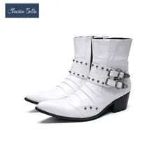 Christia Bella ковбойские Мужские ботинки 6,5 см каблук белый из натуральной кожи в стиле панк острый носок военные мотоциклетные сапоги для мужчин