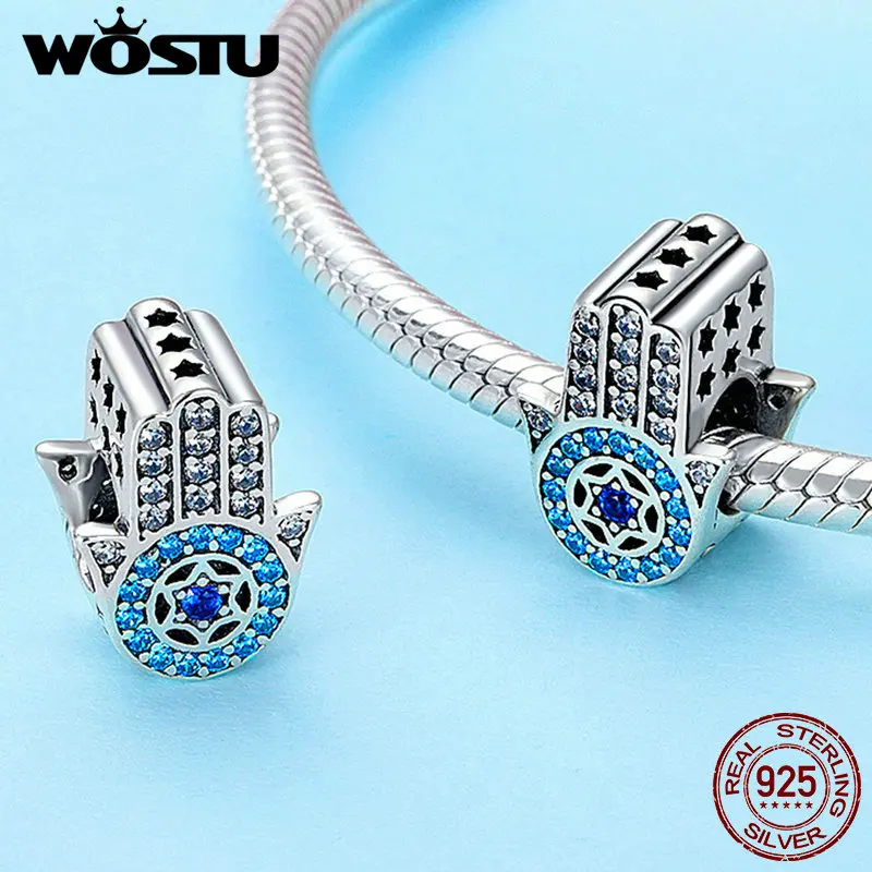 

WOSTU 2019 Hot Trendy 925 Sterling Silver Vintage Hand Of Fatima Hamsa Charm fit Original DIY Bead Bracelet Jewelry Gift BKC721