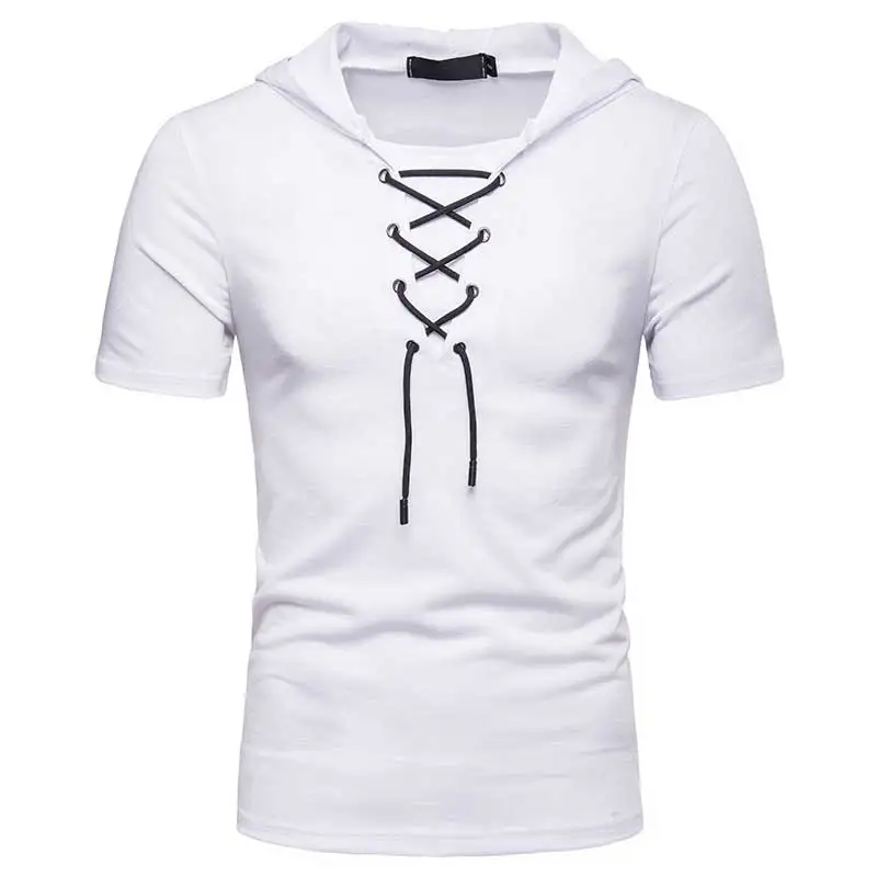 

casual solid hooded t shirt men 2019 summer short sleeve lacing up collar men tshirt fashion mens tops
