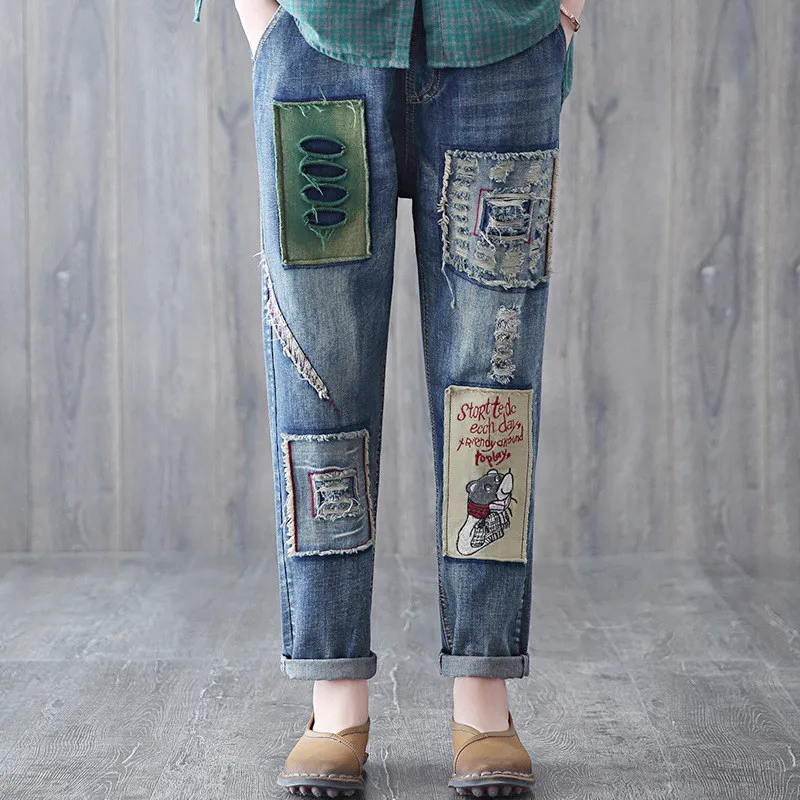 OMIKRON 2019 джинсовый, синие джинсы плюс Размеры Для женщин уличный стиль 3d вышивкой джинсы-бойфренды женские шаровары Повседневное брюки