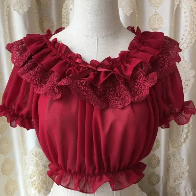 2 способа Женская Лолита шифон короткая блузка пышные рукава рубашка Топы цветок кружевная отделка 6 цветов - Цвет: Red