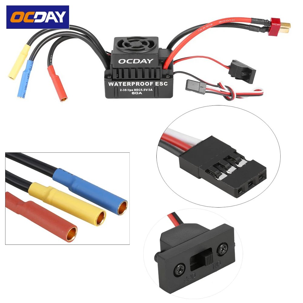 1pcs OCDAY Sensorless Brushless Waterproof ESC 60A for 1 10 RC Car Truck Motor