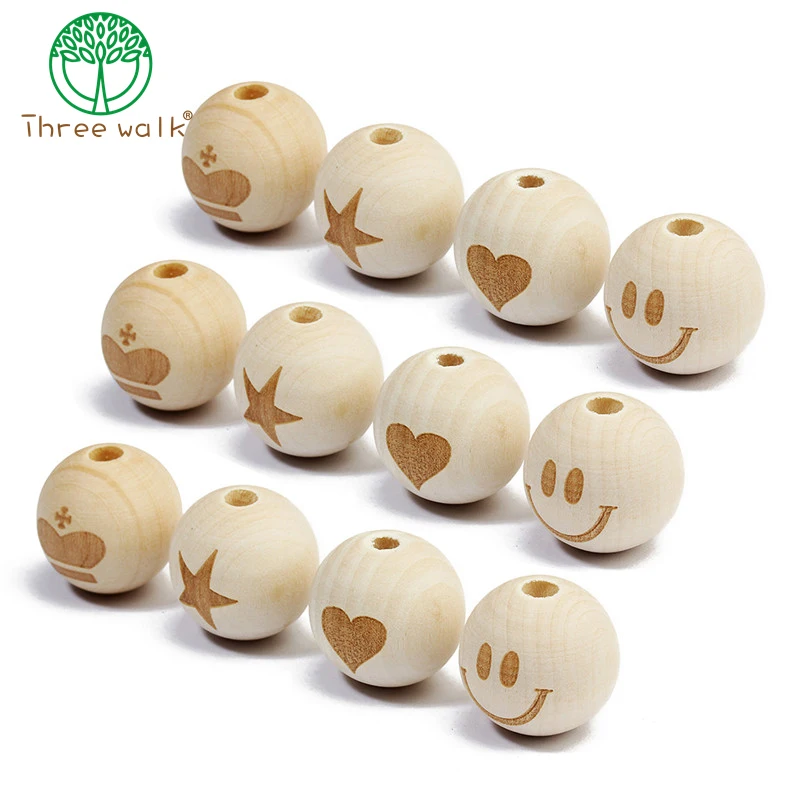 

20pcs Wooden Teether 20mm DIY Beads Natural Wood Beads Round Wooden Beads Eco-Friendly Wooden Balls Printing Heart