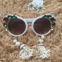 Новое поступление, модные женские роскошные солнцезащитные очки с кристаллами кошачий глаз, ретро длинные жемчужные солнцезащитные очки с кисточками, летние пляжные очки