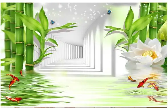 

Custom 3d photo wallpaper 3d wall mural wallpaper 3d shadow corridor reflection bamboo lotus nine fish background wall wallpaper