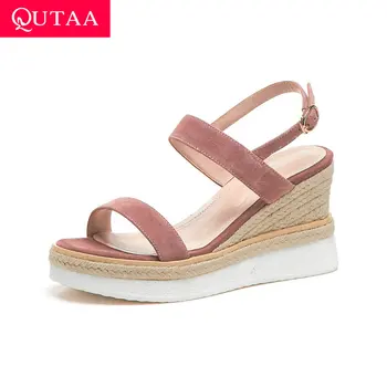 

QUTAA 2019 Women Sandals Straw Weaving Wedge Heel Genuine Leather Round Open-toed Platform Simple Fashion Ladies Shoes Size34-39